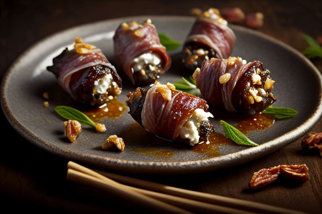 Five bacon-wrapped dates filled with cheese and nuts, served on a gray plate. Garnished with fresh herbs, creating a savory and elegant appetizer scene.