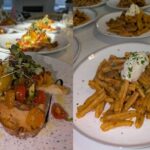 The image shows two dishes on separate plates. The left has bruschetta topped with cherry tomatoes and herbs; the right features pasta with cream and parsley.